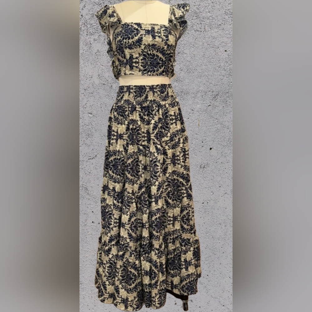 Floral Boho Print Maxi Skirt Set- Navy Blue and Cream